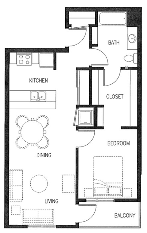 Floor plan for 1 bed, 1 bath, 747 sqft